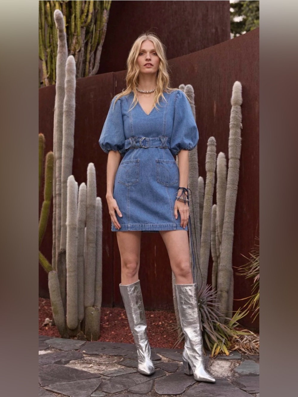 NWT- MINKPINK Light Blue Denim Puff-Sleeve Belted Mini Dress SM current style